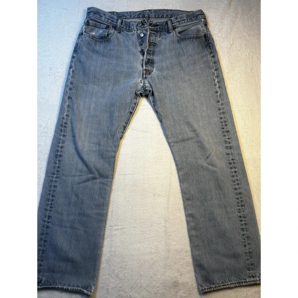 Levis 501 Jeans Mens Fit 36x28 Blue Denim Thrashed Straight Holes Raw‎ Hem